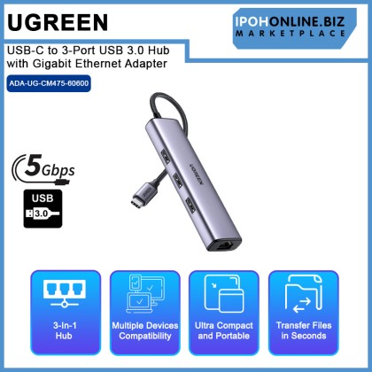UGREEN UG-CM475-60600 USB-C to 3-Port USB 3.0 Hub with Gigabit Ethernet Adapter